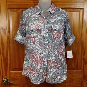 Croft & Barrow Paisley Cuff Sleeve 100% Cotton Button Down Top Med